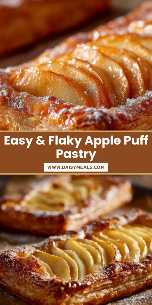 An overhead shot of a golden-brown apple puff pastry sliced on a wooden board. This easy apple puff pastry recipe is a perfect, elegant dessert.