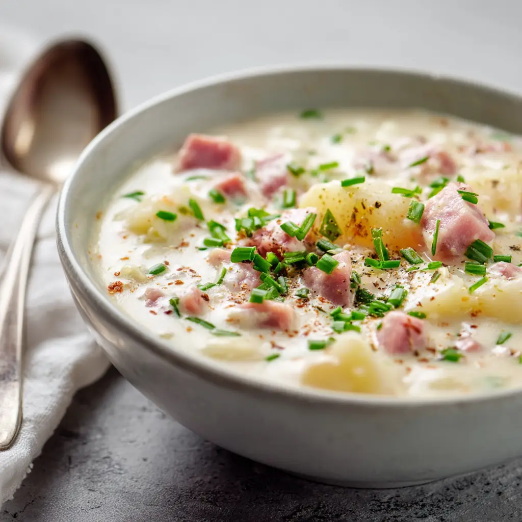 A comforting bowl of easy creamy potato ham soup garnished with fresh herbs, ready to be eaten.