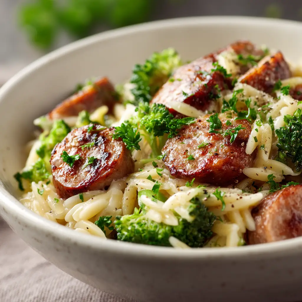 Chicken Sausage and Broccoli Orzo (The 25-Minute One-Pan Wonder) 2 A close-up shot of a spoonful of creamy orzo with chicken sausage and broccoli, showing the texture of this easy weeknight dinner.