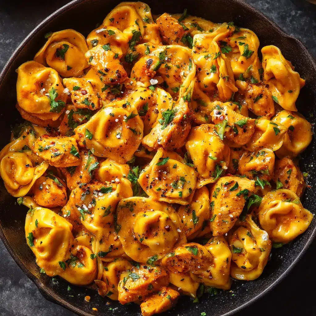 Another angle of the finished one-pot chicken tortellini, garnished with fresh parsley and extra parmesan cheese.
