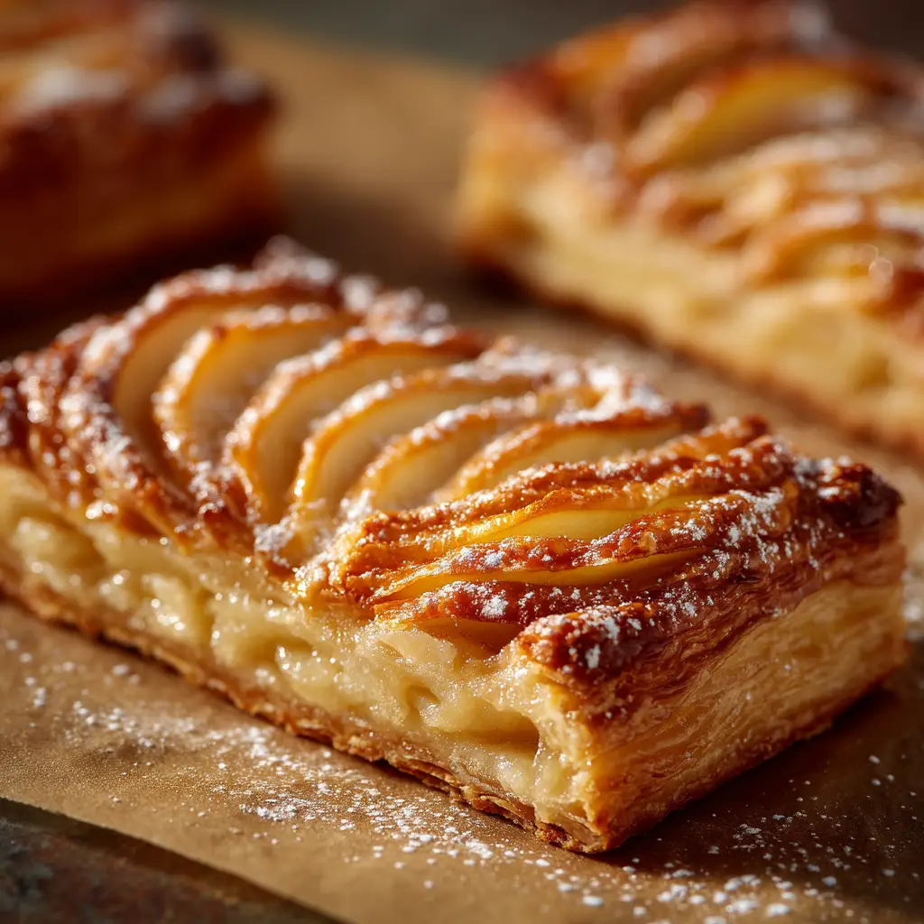 An extreme close-up of a rectangular golden brown apple puff pastry, showing the flaky layers and caramelized apple filling.