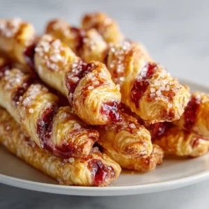 A close-up shot of a single flaky berry pastry, showing the layers of the puff pastry and the juicy berry filling.