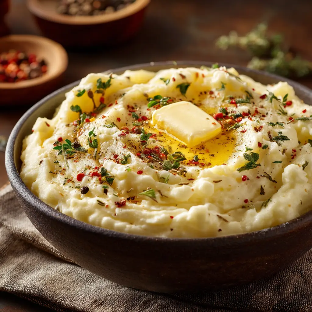 An extreme close-up of fluffy homemade mashed potatoes in a rustic bowl, highlighting the light and airy texture.