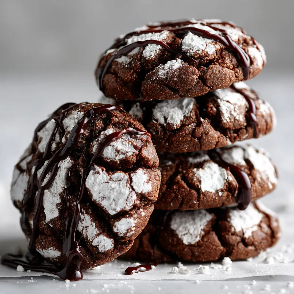A close-up of chewy chocolate crinkle cookies stacked on a plate, highlighting their rich, fudgy texture and snowy powdered sugar coating.