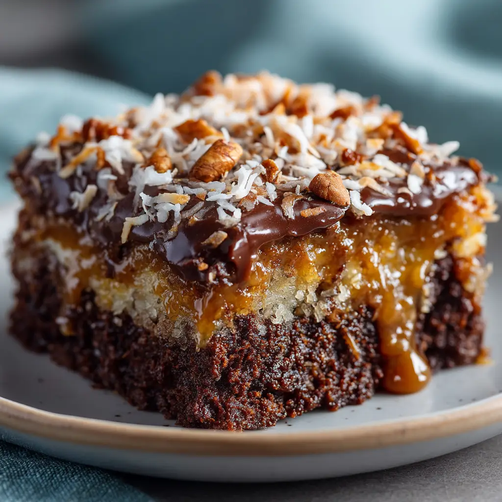 German Chocolate Poke Cake: The Ultimate Decadent Dessert 1 The full 9x13 inch German Chocolate Poke Cake topped with a generous layer of homemade coconut pecan frosting, ready to be served.