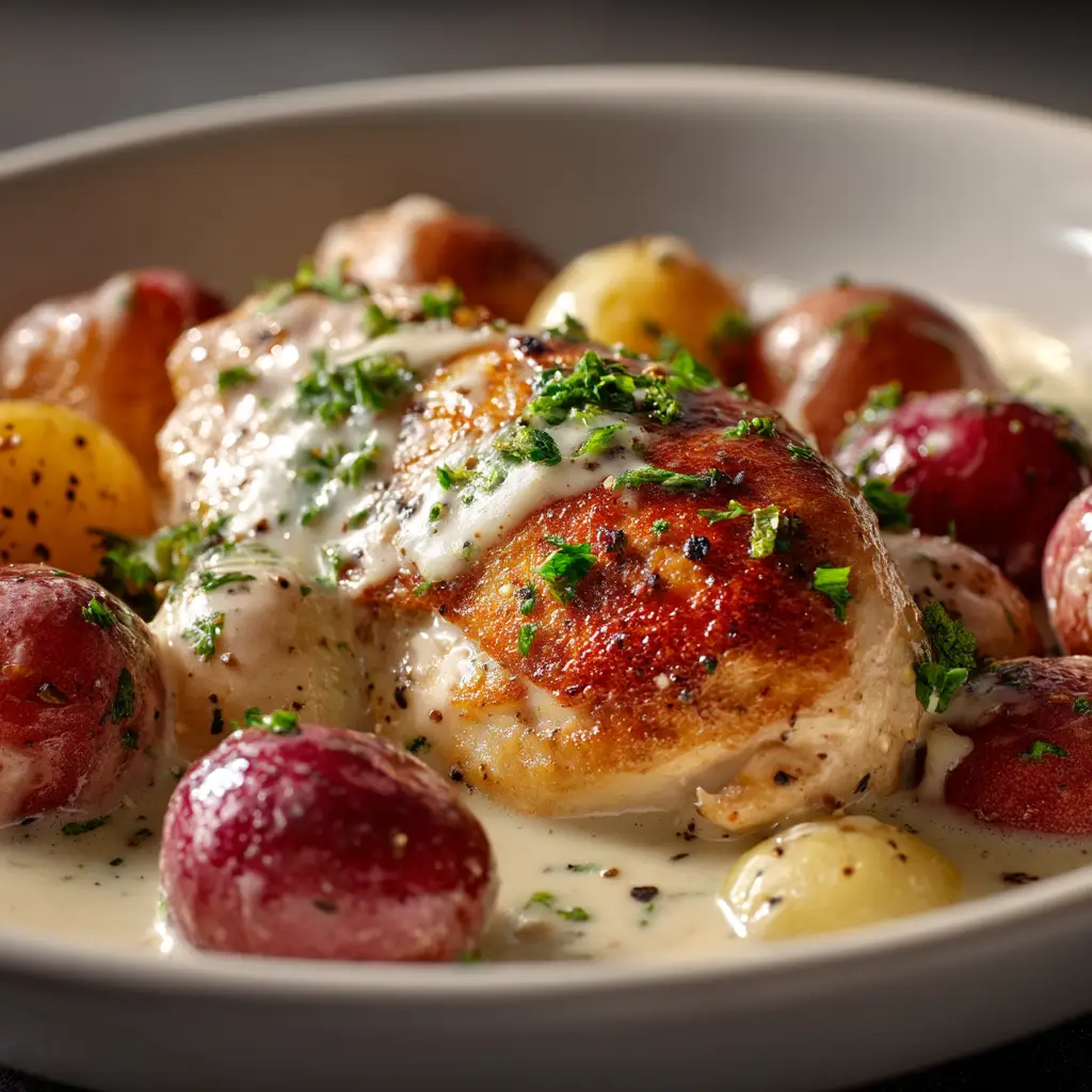 A serving of garlic parmesan chicken and potatoes on a plate, ready to eat. The chicken is juicy and the potatoes are perfectly tender, all smothered in a creamy white sauce.