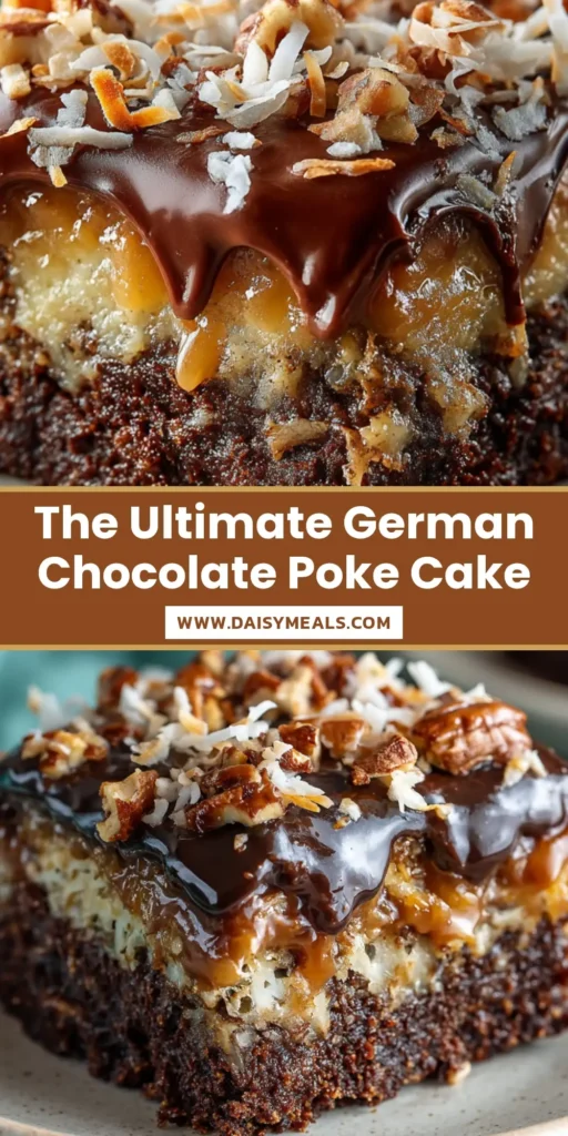 German Chocolate Poke Cake: The Ultimate Decadent Dessert 3 A slice of delicious German Chocolate Poke Cake on a white plate, showcasing the moist chocolate cake, gooey filling, and rich coconut pecan topping.