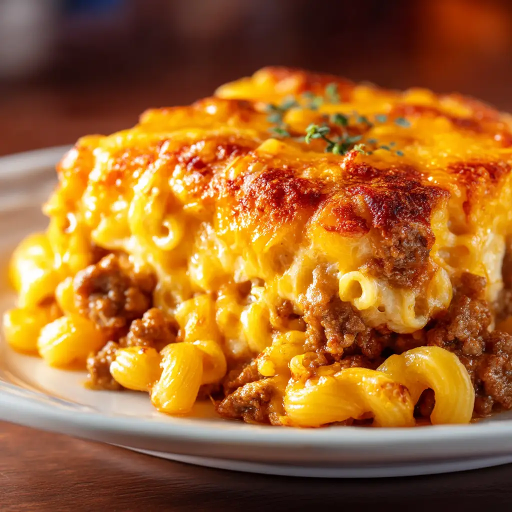 Beef Macaroni Casserole (The Ultimate Cheesy & Easy Recipe) 2 A close-up view of the baked ground beef casserole showing the layers of pasta, meat sauce, and melted cheese.