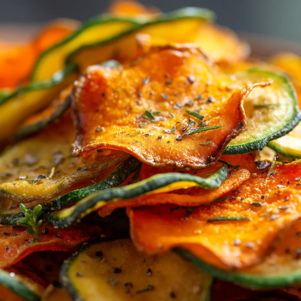 A bowl filled with colorful and healthy air fryer snacks, including beet chips, carrot chips, and sweet potato chips.