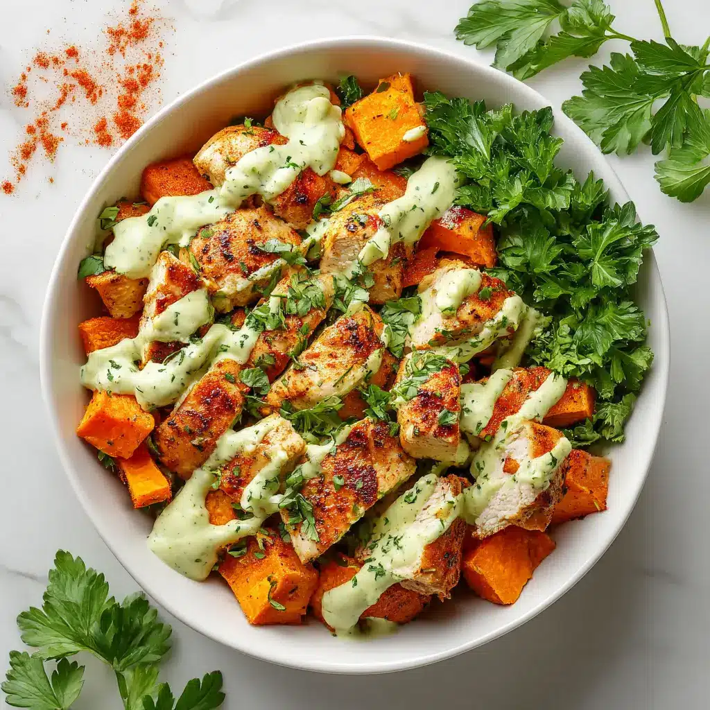 A top-down view of a savory power bowl, showcasing the fresh ingredients for the chicken sweet potato bowl recipe before mixing.