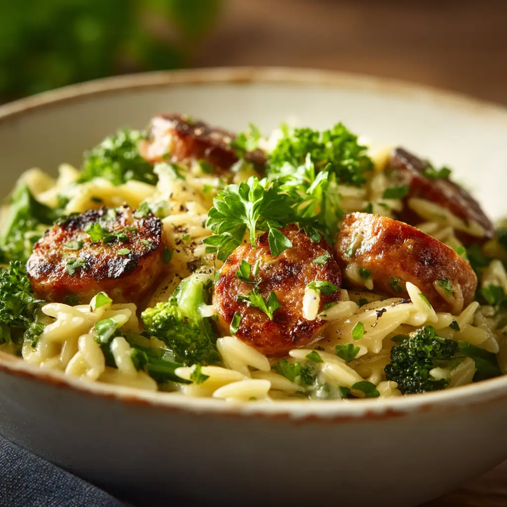 Chicken Sausage and Broccoli Orzo (The 25-Minute One-Pan Wonder) 1 A serving of the healthy orzo pasta with chicken sausage and broccoli in a white bowl, ready to be eaten.