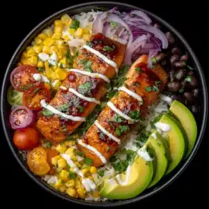 An overhead view of a healthy salmon rice bowl, featuring a chipotle honey glazed salmon fillet next to fresh corn and beans.