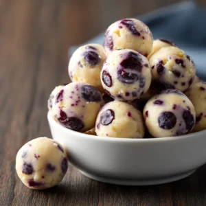 A close-up shot of healthy blueberry snacks, showcasing the texture of oats, chia seeds, and dried blueberries within a lemon protein ball.