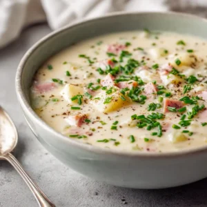 A close-up angled shot of a bowl of hearty potato and ham soup, showing the chunks of potato and ham in a creamy broth.