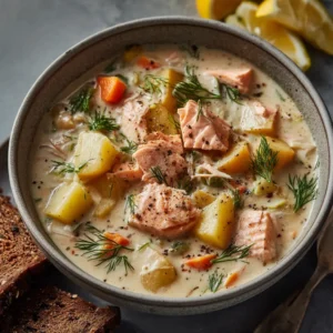 A rustic bowl of thick salmon chowder with chunks of potato and salmon visible, set on a wooden table with crusty bread nearby.