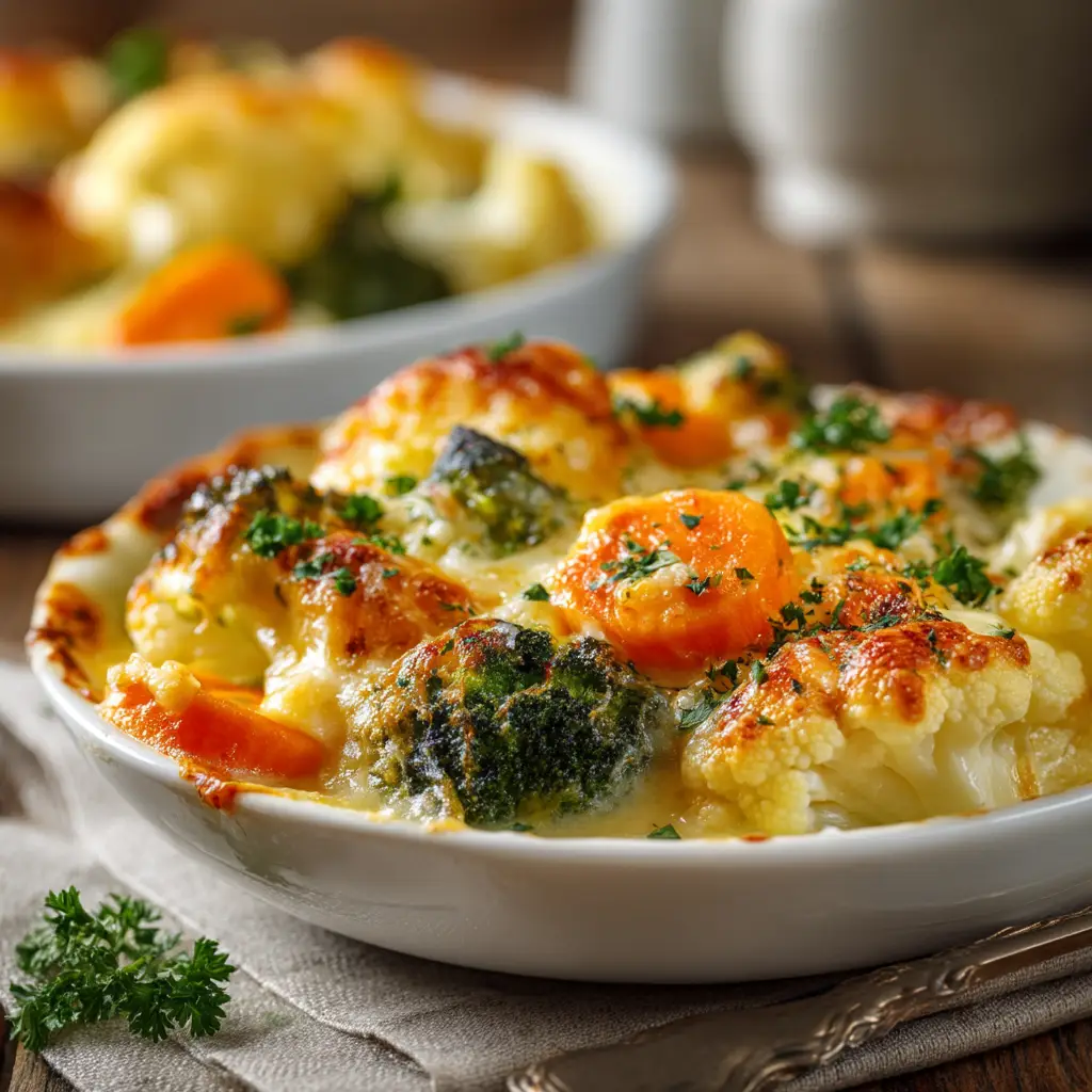 A close-up view of the hearty vegetarian casserole before baking, with the rich cheese sauce poured over the colorful roasted vegetables.