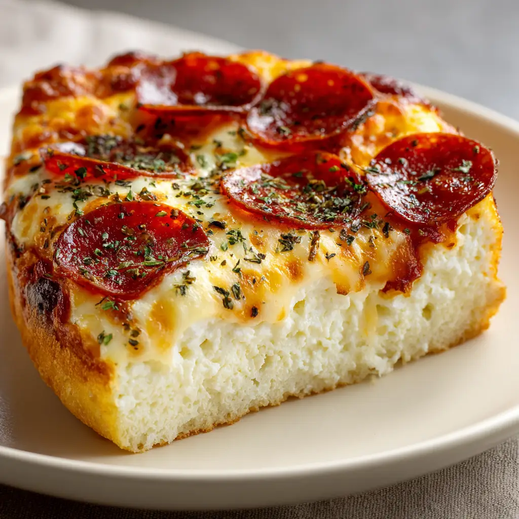 A slice of high-protein pizza casserole on a white plate, showcasing the creamy cottage cheese base and savory toppings.
