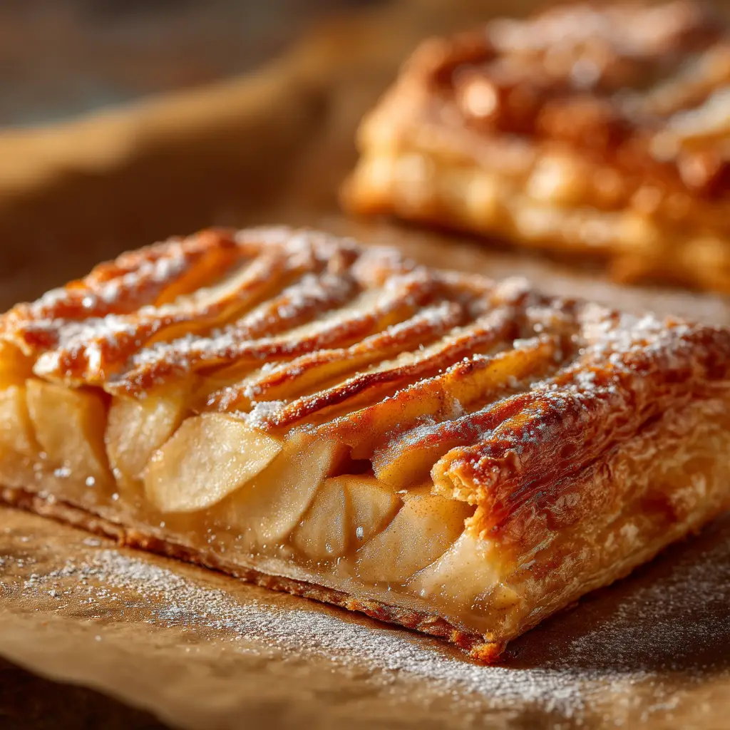 A close-up of the homemade apple pastry, emphasizing the warm, spiced apple slices baked into the puff pastry.