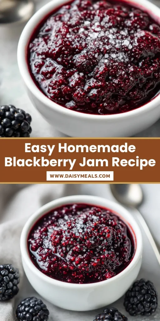 A beautiful jar of homemade blackberry jam with a silver lid, with a text overlay that reads 'Easy Homemade Blackberry Jam'.