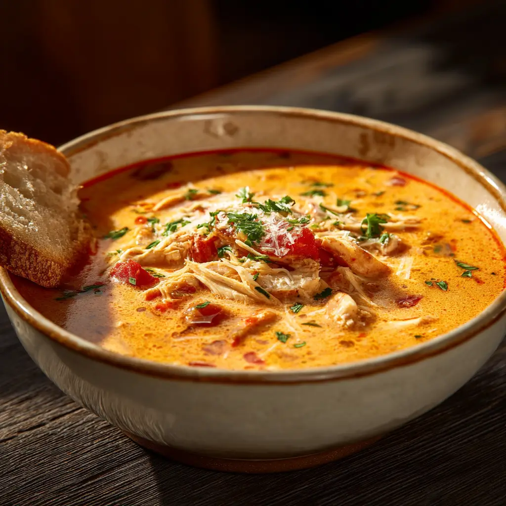 A side-angle view of a bowl of homemade chicken parmesan soup, showcasing the melted mozzarella cheese stretching from the spoon.