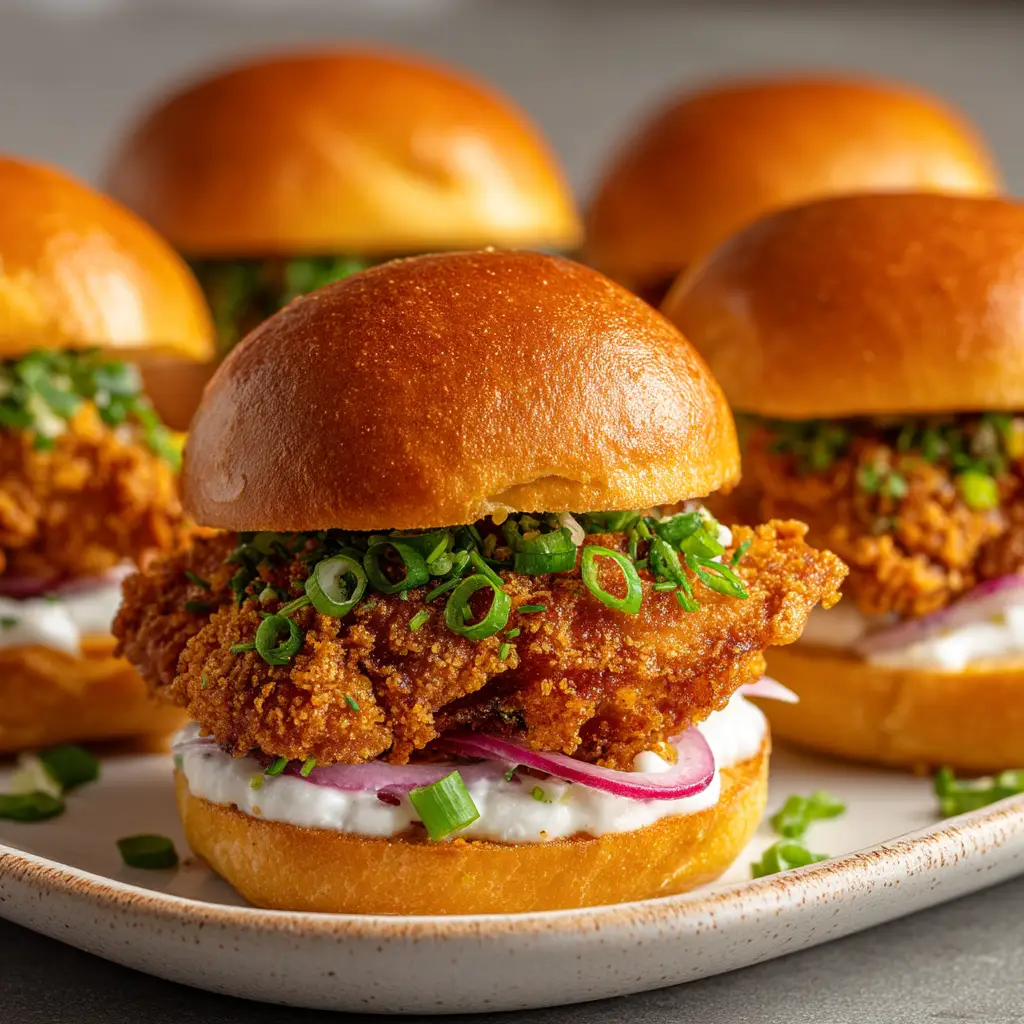 An extreme close-up shot of a single homemade crispy chicken slider, showing the detailed texture of the crunchy breading and the juicy chicken thigh meat inside.