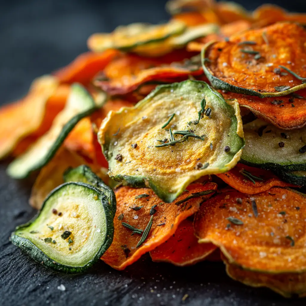 A close-up pile of homemade vegetable chips made in the air fryer, showing the thin, crispy texture of the sweet potato and zucchini slices.