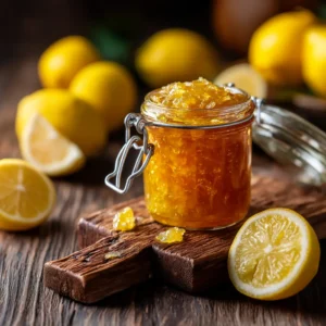 A rustic scene showing a glass jar filled with golden homemade Italian lemon jam, surrounded by fresh lemons on a wooden table.