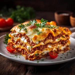 A close-up shot of the rich meat sauce simmering in a pan, a key component of the homemade lasagna.