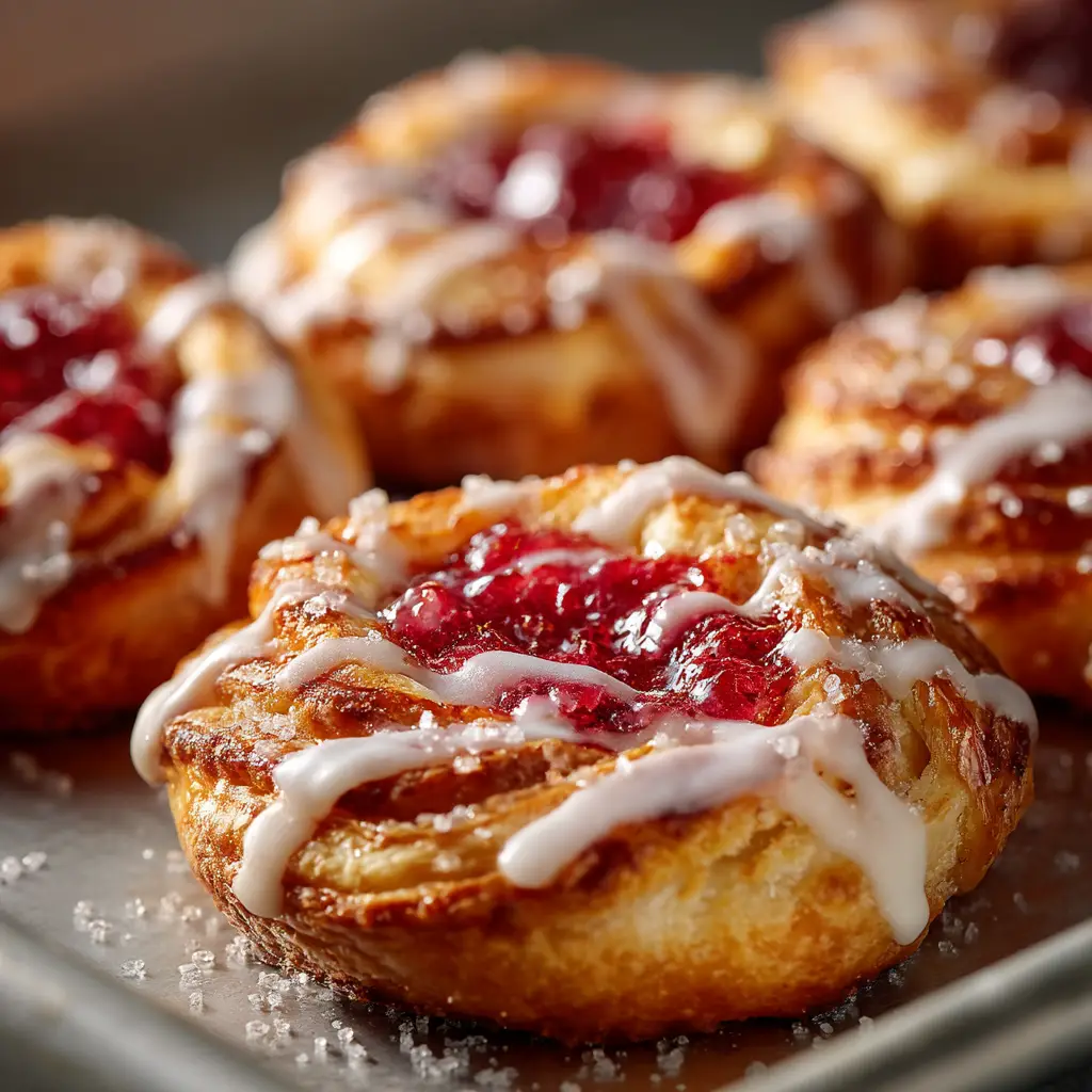Raspberry Cheesecake Danish: The Ultimate Easy Recipe 2 A close up of freshly made raspberry cream cheese danishes on a baking sheet before being glazed.