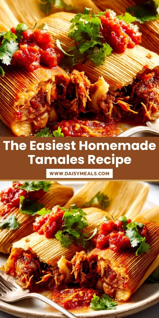 An overhead shot of authentic pork tamales made with a homemade tamales recipe, showing three tamales on a plate, one unwrapped to reveal the filling.