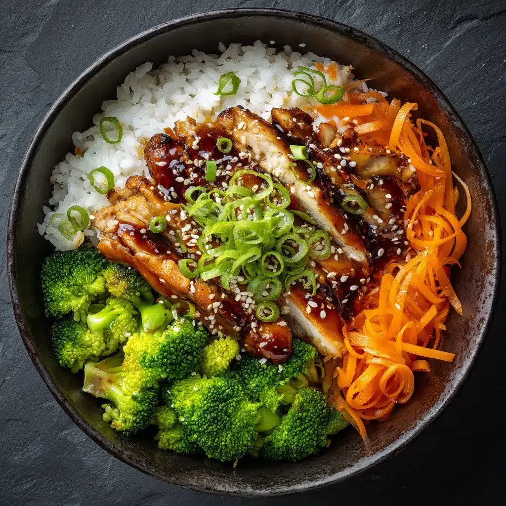 An overhead close-up shot of a teriyaki chicken rice bowl, highlighting the perfectly cooked chicken in a homemade teriyaki sauce.
