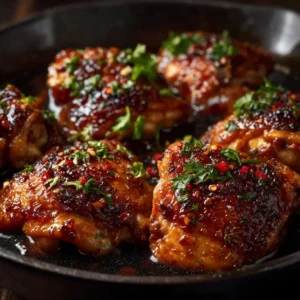 A plate of oven-baked honey garlic chicken thighs served with fluffy white rice and steamed broccoli. The chicken is glistening with a thick honey garlic sauce.