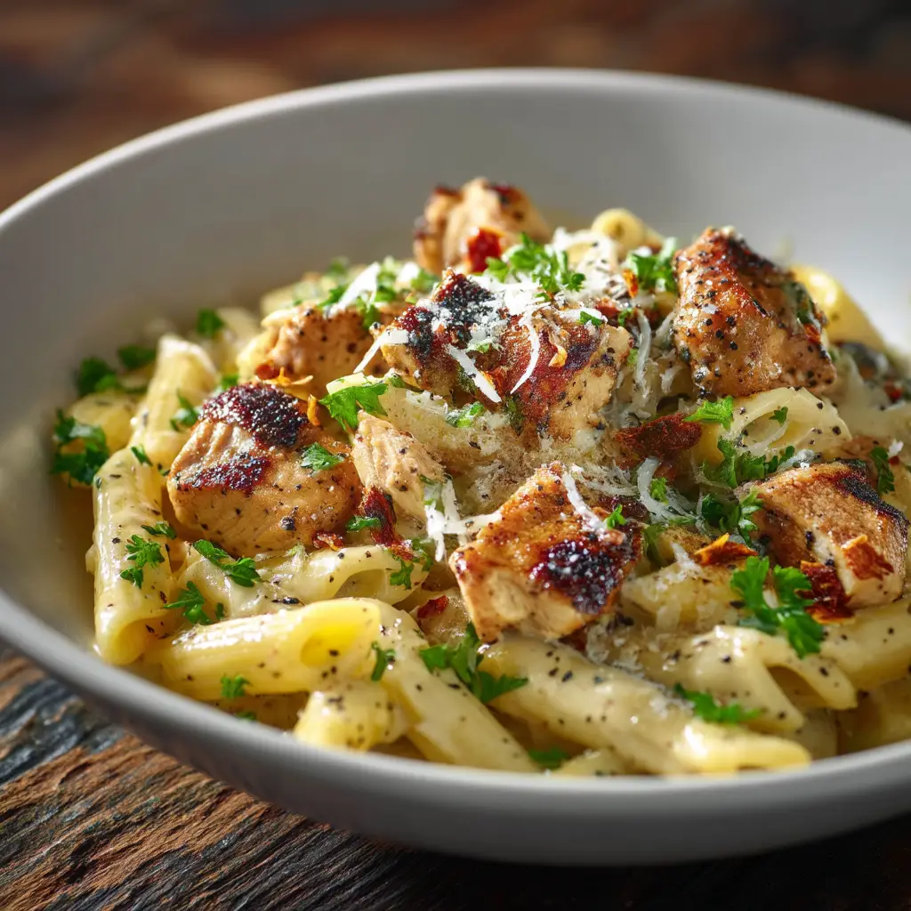 A delicious bowl of honey pepper chicken pasta, showcasing the glossy sauce coating the penne and tender chicken pieces.
