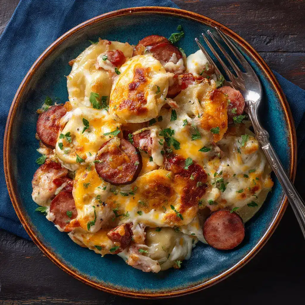 An overhead shot of the hearty pierogi and kielbasa casserole in a slow cooker before being cooked. The layers of frozen pierogies, sliced sausage, and creamy cheese sauce are visible.