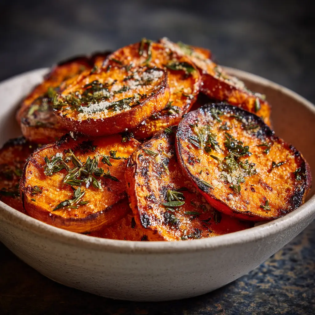 A bowl of seasoned sweet potato cubes ready to be roasted in the oven, coated in olive oil and spices.