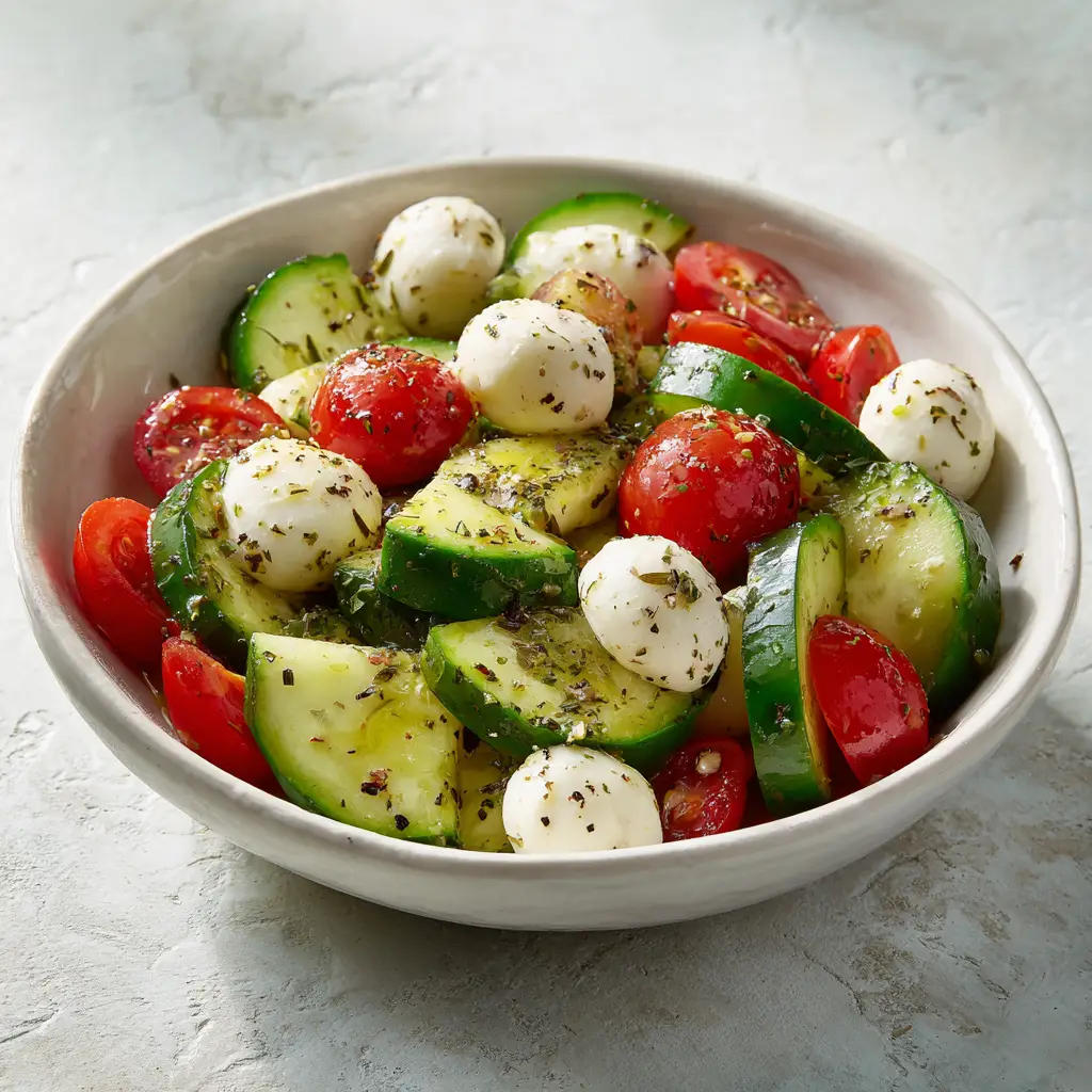 Thick-sliced green cucumbers, halved red cherry tomatoes, and bocconcini prepped for salad.