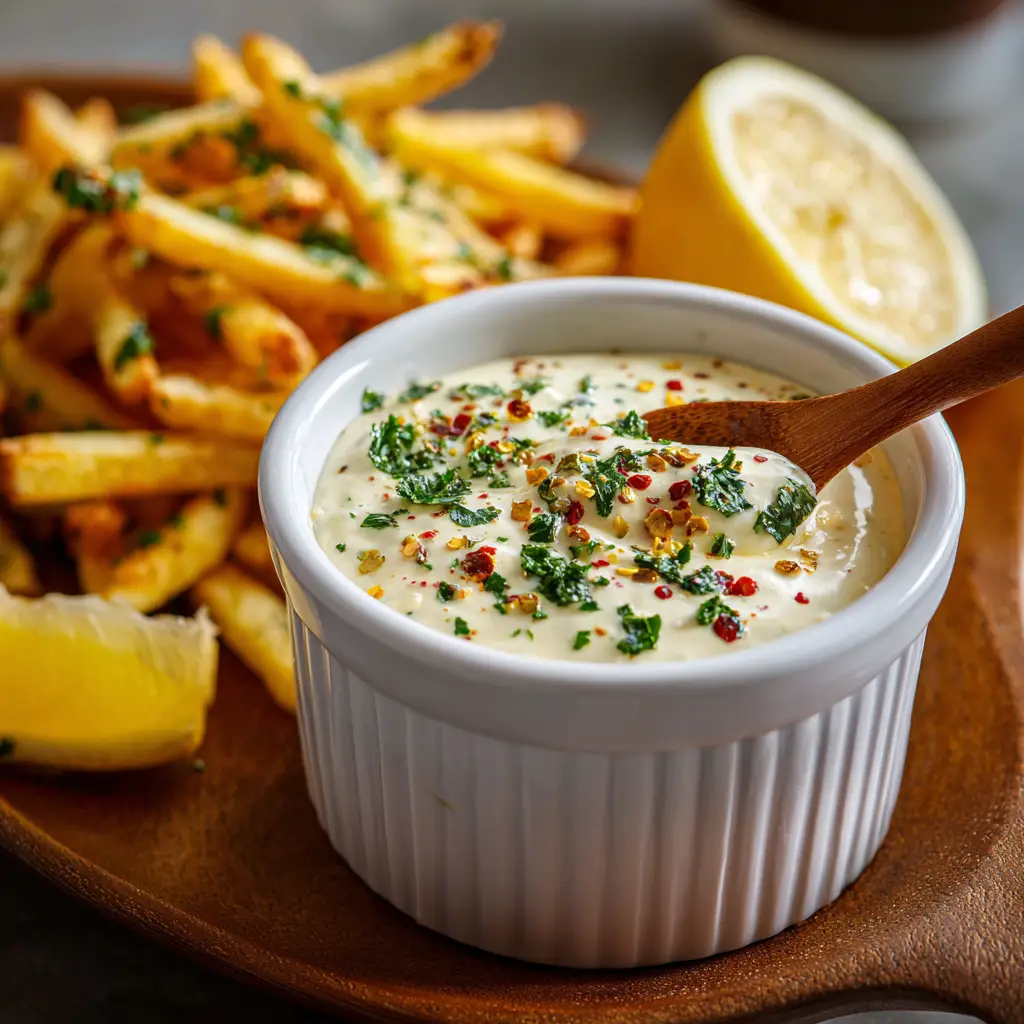 Wooden spoon dipping into a thick, creamy garlic aioli sauce garnished with parsley.