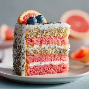 Extreme close up of a tall slice of a four-layer grapefruit poppy seed cake on a white ceramic plate.