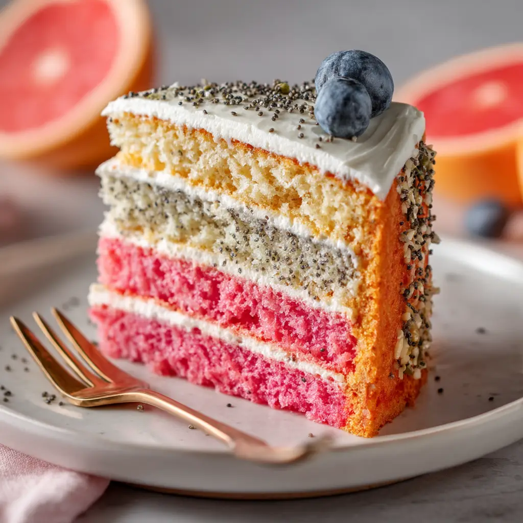 Tack sharp focus on the crumb texture of alternating pink grapefruit and cream-colored poppy seed cake layers with white buttercream.