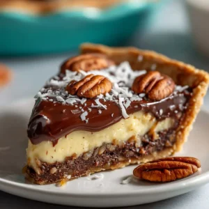 Close up shot of the gooey coconut and pecan filling bottom layer of a German Chocolate Pie Recipe.