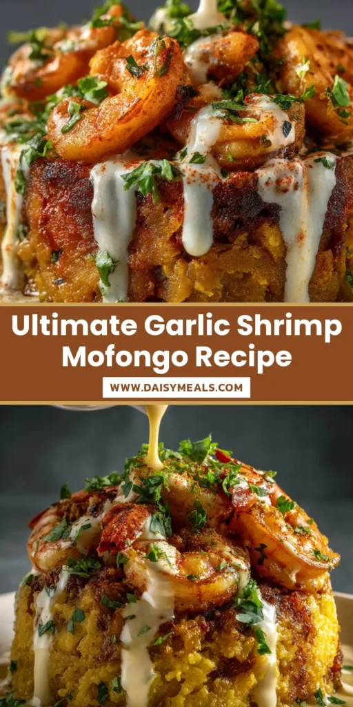 A majestic mound of golden mashed plantain mofongo topped with large succulent shrimp and a thick creamy garlic sauce, served in a shallow white bowl.