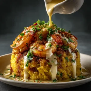 Fresh green plantains, large shrimp, garlic, and heavy cream displayed before cooking the mofongo.