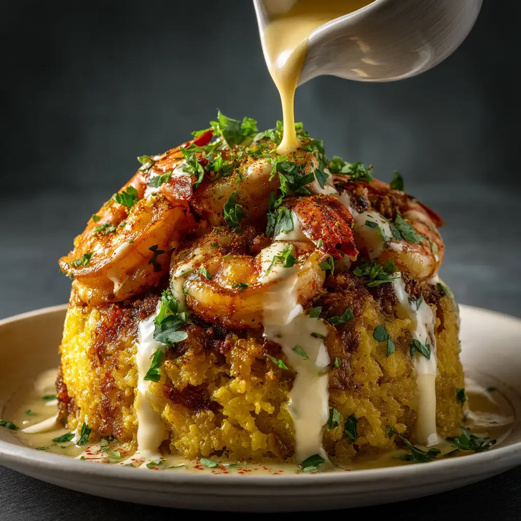 Fresh green plantains, large shrimp, garlic, and heavy cream displayed before cooking the mofongo.