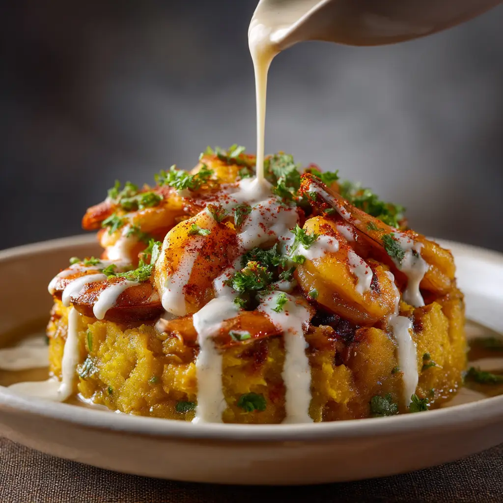 Extreme close-up of thick creamy garlic sauce being drizzled over succulent sautéed shrimp and mashed plantains.