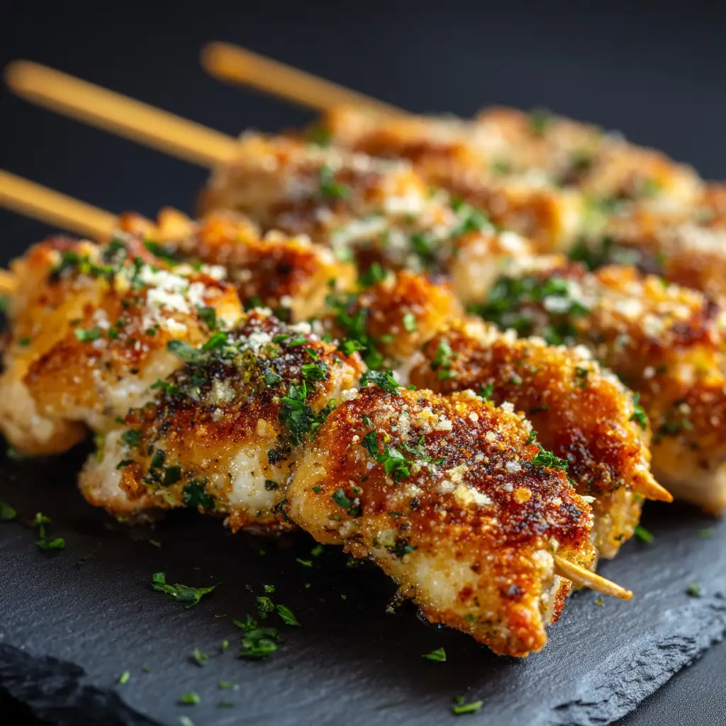 Air Fryer Garlic Parmesan Chicken Skewers cooking in an air fryer basket with a golden-brown crust.
