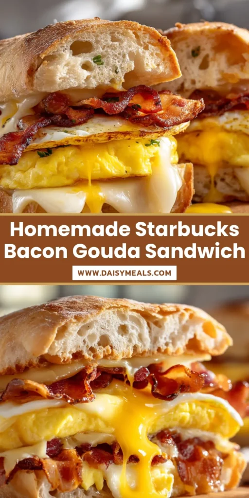 Extreme close-up of a stacked Starbucks Bacon Gouda Breakfast Sandwich cut in half, featuring a soft ciabatta roll, fluffy yellow folded egg patty, crispy bacon, and melted creamy gouda cheese dripping down.