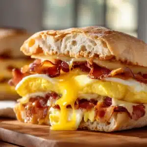 Ingredients for Starbucks Bacon Gouda Breakfast Sandwich including a ciabatta roll, thick-cut bacon, fresh eggs, and gouda cheese.