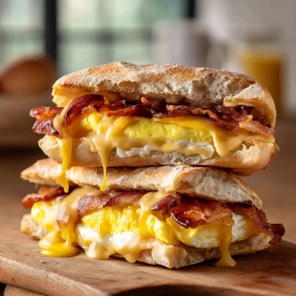 Process shot showing the fluffy yellow egg patty being folded in a skillet for a breakfast sandwich.