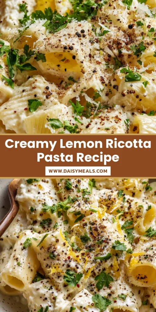 A rustic bowl of creamy lemon ricotta pasta garnished with fresh green parsley and coarse black pepper.