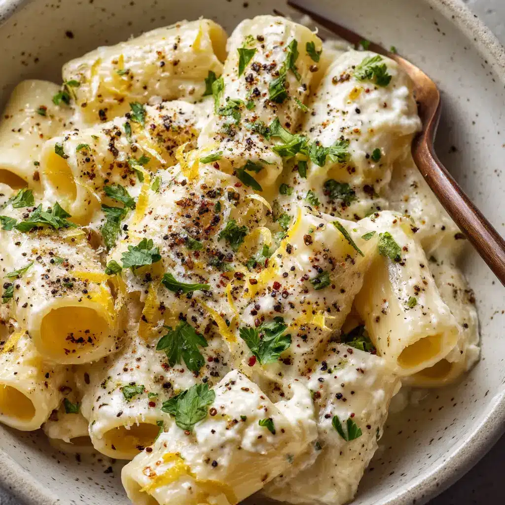 Close up shot of fresh rigatoni pasta coated in a bright white lemon ricotta sauce.